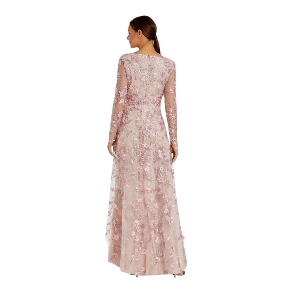 Mac Duggal 70224 Floral Applique Illusion Gown Long Sleeve Rose Pink Size 8 NWT - Picture 4 of 16
